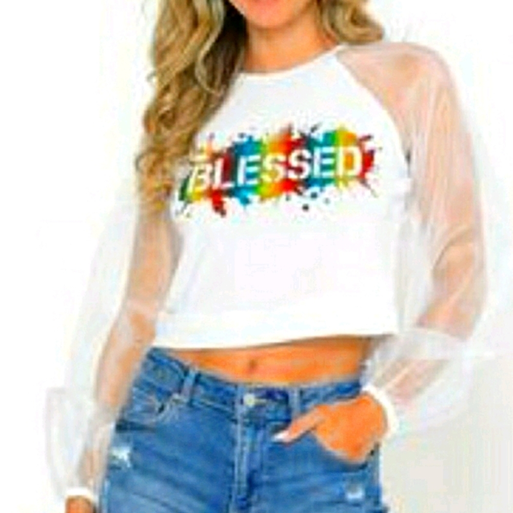 'Blessed' sheer sleeved crop top